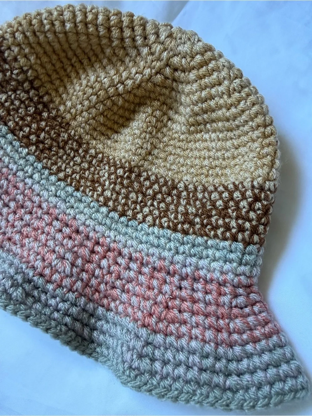 Crocheted Bucket Hat with Neutral Stripes - Beige, Brown & Pink
